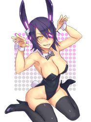 Rule 34 | 10s, 1girl, animal ears, armpits, bare shoulders, black thighhighs, breasts, cleavage, detached collar, dots, eyepatch, fake animal ears, fang, grin, groin, high heels, hip focus, kantai collection, large breasts, legs, leotard, looking at viewer, playboy bunny, rabbit ears, rabbit tail, short hair, sitting, smile, solo, tail, tenryuu (kancolle), thighhighs, thighs, wariza, wide hips, wrist cuffs, yellow eyes, yuuji (and)