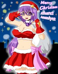 Rule 34 | 1girl, asamiya athena, breasts, christmas, fingerless gloves, gloves, hat, large breasts, legs, long hair, looking at viewer, midriff, navel, purple eyes, purple hair, santa hat, smile, snk, the king of fighters, thick thighs, thighs, v