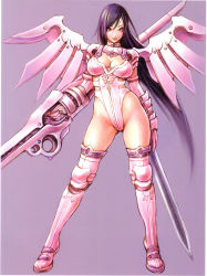 Rule 34 | 1girl, absurdres, armor, black hair, breasts, brown eyes, cleavage, cleavage cutout, clothing cutout, finger on trigger, full body, greaves, grey background, gun, highres, hip vent, holding, holding sword, holding weapon, huge weapon, large breasts, legs apart, leotard, long hair, mechanical wings, mugen no fantasia, non-web source, pauldrons, shoulder armor, simple background, solo, standing, swept bangs, sword, thighhighs, thighs, very long hair, weapon, white thighhighs, wild flower, wings, yamashita shun&#039;ya