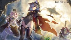 Rule 34 | 3girls, akaza, animal ears, bag, bird, cape, cat ears, cetess, commentary, commentary request, company name, copyright name, dress, floating island, green eyes, grey hair, highres, hooded leotard, leotard, logo, multiple girls, nemesi, official art, pink eyes, pink hair, primula (revived witch), red hair, revived witch, satchel, short hair, standing, sunlight, sword, thighhighs, torn cape, torn clothes, torn legwear, weapon