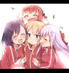 Rule 34 | 4girls, :d, ^ ^, absurdres, ahoge, bafarin, blonde hair, blue eyes, blunt bangs, blush, bow, closed eyes, commentary, fang, framed, friends, gabriel dropout, gabriel tenma white, girl sandwich, group hug, hair bow, hair ornament, hair ribbon, hair rings, hand on another&#039;s shoulder, happy, highres, holding hands, hug, jacket, leaf, letterboxed, light purple hair, long hair, multiple girls, open mouth, purple hair, raphiel shiraha ainsworth, red hair, ribbon, sandwiched, satanichia kurumizawa mcdowell, short hair, signature, smile, sportswear, topknot, track jacket, twitter username, vignette tsukinose april, white background, white hair, x hair ornament