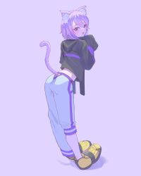 Rule 34 | 1girl, animal ear fluff, animal ears, asymmetrical pants, black hoodie, blush, cat ears, cat girl, cat tail, clothing cutout, commentary, double-parted bangs, from behind, full body, highres, hololive, hood, hood down, hoodie, leaning forward, looking at viewer, looking back, midriff, nekomata okayu, nekomata okayu (1st costume), open mouth, ozido, pants, purple background, purple eyes, purple hair, shoes, short hair, simple background, sleeves past fingers, sleeves past wrists, solo, standing, sweatpants, tail, tail through clothes, virtual youtuber, white pants, yellow footwear