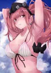 Rule 34 | 1girl, adapted costume, anchor hair ornament, arms behind head, atlanta (kancolle), bikini, black hat, blue sky, breasts, brown hair, cloud, commentary request, earrings, garrison cap, grey eyes, hair ornament, hat, jewelry, kantai collection, large breasts, long hair, looking to the side, sky, solo, star (symbol), star earrings, striped bikini, striped clothes, swimsuit, two side up, upper body, white bikini, yumesato makura