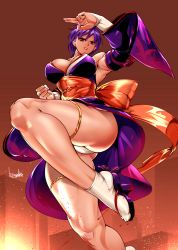 Rule 34 | 1girl, ass, ayane (doa), bowalia, breasts, dead or alive, large breasts, muscular, muscular female, panties, pantyshot, purple hair, red eyes, short hair, socks, solo, tabi, thigh strap, thighs, underwear