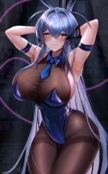 Rule 34 | 1girl, :3, animal ears, arm strap, armpits, arms up, azur lane, bare shoulders, black leotard, blue eyes, blue hair, blue necktie, blush, bodystocking, breasts, cleavage, closed mouth, collarbone, commentary, covered navel, cowboy shot, detached collar, fake animal ears, hair between eyes, hair intakes, highres, large breasts, leotard, long hair, looking at viewer, mychadum, necktie, new jersey (azur lane), new jersey (exhilarating steps!) (azur lane), official alternate costume, pantyhose, playboy bunny, pole, presenting armpit, rabbit ears, see-through, see-through cleavage, short necktie, sideboob, sidelocks, smile, solo, standing, strapless, strapless leotard, stripper pole, very long hair