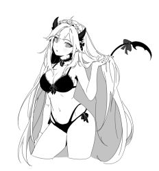 Rule 34 | 1girl, bow, bra, choker, cowboy shot, demon girl, demon horns, demon tail, greyscale, horns, long hair, looking at viewer, monochrome, navel, panties, pointy ears, simple background, siun, sketch, solo, tail, tail bow, tail ornament, underwear, vei (vtuber), very long hair, virtual youtuber, vshojo, white background