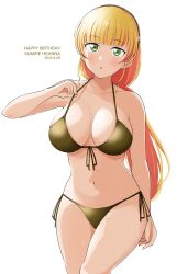 Rule 34 | 1girl, adjusting clothes, adjusting swimsuit, bare shoulders, barkhorn0331, bikini, birthday, blonde hair, blunt bangs, blush, breasts, character name, cleavage, collarbone, dated, green eyes, hair behind ear, hairband, happy birthday, heanna sumire, highres, large breasts, long hair, looking at viewer, love live!, love live! superstar!!, navel, open mouth, side-tie bikini bottom, simple background, solo, swimsuit, wet, wet clothes, wet swimsuit, white background
