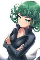 Rule 34 | black dress, breasts, closed mouth, collared dress, dress, eyelashes, green eyes, green hair, highres, long sleeves, one-punch man, psychic, sai (abyss05), short hair, small breasts, tatsumaki, upper body, white background