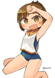 Rule 34 | 10s, 1girl, :d, blush, brown eyes, brown hair, covered navel, hand on own head, i-401 (kancolle), kantai collection, nanatsuta, open mouth, ponytail, sailor collar, school swimsuit, shirt, sitting, sleeveless, sleeveless shirt, smile, solo, swimsuit, swimsuit under clothes, twitter username, wariza, white background