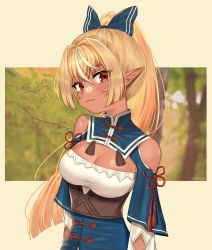 Rule 34 | 1girl, bare shoulders, blonde hair, blush, branch, breasts, cleavage, cleavage cutout, closed mouth, clothing cutout, clover (cloversoya), dark-skinned female, dark elf, dark skin, elf, highres, hololive, looking at viewer, pointy ears, red eyes, shiranui flare, shiranui flare (old design), shoulder cutout, solo, tree, virtual youtuber