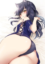 Rule 34 | 1girl, :t, absurdres, animal ear fluff, animal ears, ass, ass focus, bad id, bad pixiv id, bare shoulders, bed sheet, between legs, black bow, black hair, blue dress, blush, bow, breasts, brown eyes, cat ears, cat girl, cat tail, closed mouth, commentary, dress, hair between eyes, hand up, highres, long hair, lying, navy (navy.blue), no bra, no panties, off-shoulder dress, off shoulder, on side, original, pout, short sleeves, small breasts, solo, symbol-only commentary, tail, tail between legs, tail censor