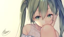 Rule 34 | 1girl, bare shoulders, collarbone, commentary, green eyes, green hair, green nails, half-closed eyes, hand on own cheek, hand on own face, hatsune miku, knee up, nail polish, portrait, shiomizu (swat), sidelighting, sideways glance, signature, smile, solo, vocaloid, yellow background