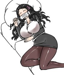 Rule 34 | 1girl, black hair, breasts, couch, deculture, energy drink, closed eyes, hair ribbon, highres, kamado nezuko, kimetsu no yaiba, large breasts, long hair, lying, monster energy, office lady, aged up, on back, pantyhose, pillow, ribbon, shirt, sleeping, solo, white background, white shirt
