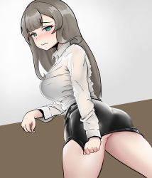 Rule 34 | 1girl, ass, black skirt, blunt bangs, blush, bottomless, breasts, clothes pull, collared shirt, commentary request, counter:side, cowboy shot, eyelashes, from behind, green eyes, grey hair, highres, large breasts, legs apart, long hair, long sleeves, looking at viewer, looking back, open mouth, parted bangs, royalmonkey, shirt, sideboob, simple background, skirt, skirt pull, solo, taut clothes, taut shirt, thighs, two-tone background, white shirt
