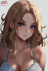 Rule 34 | 1girl, artist name, blonde hair, blue eyes, bra, breasts, brown hair, cleavage, collarbone, grey background, grey bra, haruto (harut n), hornet (kancolle), kantai collection, large breasts, long hair, looking at viewer, one-hour drawing challenge, parted lips, signature, simple background, solo, twitter username, underwear, upper body