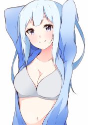 Rule 34 | 1girl, arms up, blue eyes, bra, breasts, cleavage, enelis, idolmaster, idolmaster million live!, idolmaster million live! theater days, jacket, long hair, looking at viewer, medium breasts, navel, shiraishi tsumugi, silver hair, smile, solo, underwear, white background