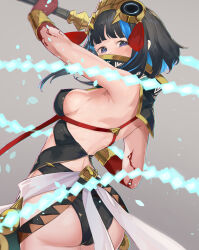 Rule 34 | 1girl, ass, back, bare shoulders, black hair, blue hair, blunt bangs, blush, bracer, breasts, detached collar, eyeliner, facepaint, facial mark, fate/grand order, fate (series), feathers, gold trim, grey eyes, halterneck, headdress, high collar, highres, jewelry, looking at viewer, looking back, makeup, medium breasts, multicolored hair, necklace, pelvic curtain, sash, short hair, sidelocks, solo, streaked hair, tassel, tenochtitlan (fate), tenochtitlan (first ascension) (fate), ura illust, whip
