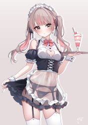 Rule 34 | 1girl, absurdres, arm garter, blush, bow, breasts, brown eyes, brown hair, cleavage cutout, clothing cutout, collared dress, dessert, dress, earrings, food, garter belt, guri (gri1211), hair ornament, highres, holding, holding plate, jewelry, maid, maid headdress, mole, mole under eye, multicolored hair, navel, navel piercing, original, piercing, pink background, pink bow, pink hair, plate, see-through, signature, simple background, single earring, skirt hold, sleeveless, sleeveless dress, small breasts, solo, thighhighs, twintails, two-tone hair, white thighhighs, wrist cuffs, x hair ornament