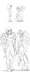 Rule 34 | 2girls, age difference, age progression, aged down, armor, bodysuit, comic, contrapposto, eye contact, from side, greyscale, halo, height difference, highres, long hair, looking at another, mechanical halo, mechanical wings, mercy (overwatch), monochrome, multiple girls, on one knee, overwatch, overwatch 1, pharah (overwatch), ponytail, profile, smile, standing, superrisu, white background, wings