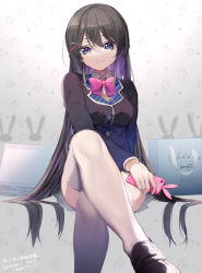 Rule 34 | 1girl, amakawa sakko, bag, black footwear, black hair, black jacket, blazer, blue eyes, bow, bowtie, breasts, buttons, crossed legs, hair ornament, hairclip, holding, jacket, large breasts, loafers, long hair, long sleeves, looking at viewer, miniskirt, nijisanji, phone, pink bow, pink bowtie, pleated skirt, shoes, shopping bag, sitting, skirt, smile, solo, thighhighs, tsukino mito, tsukino mito (1st costume), very long hair, virtual youtuber, white thighhighs, wing collar