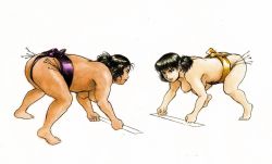Rule 34 | 2girls, all fours, ass, black hair, breasts, highres, mawashi, medium breasts, multiple girls, nipples, plump, sumo, tagme, topless, wrestling