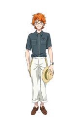 Rule 34 | 1boy, brown footwear, collared shirt, full body, glasses, grey shirt, hat, highres, holding, holding clothes, holding hat, juuouin kakeru, king of prism, king of prism: shiny seven stars, loafers, looking at viewer, male focus, official art, orange eyes, orange hair, pants, pretty rhythm, pretty series, second-party source, shirt, shoes, short hair, simple background, smile, solo, standing, straw hat, suspenders, tachi-e, transparent background, watch, white pants, wristwatch