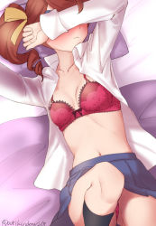 Rule 34 | 1girl, arikindows10, arm on own head, bed sheet, black socks, blush, bow, bow bra, bra, breasts, brown hair, collarbone, collared shirt, covered eyes, embarrassed, hair ornament, hair ribbon, hannah england, highres, little witch academia, lying, navel, on back, open clothes, open shirt, panties, pleated skirt, ponytail, red bra, red panties, ribbon, shirt, skirt, small breasts, socks, solo, stomach, thighs, unbuttoned, underwear, undressing, white shirt, yellow bow