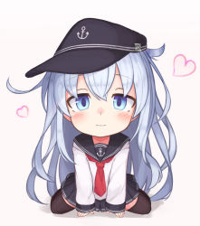 Rule 34 | 1girl, anchor symbol, arm support, bad id, bad pixiv id, black thighhighs, blue eyes, blush, chibi, closed mouth, commentary request, flat cap, hair between eyes, hat, heart, hibiki (kancolle), kantai collection, long hair, looking at viewer, neckerchief, pleated skirt, red neckerchief, reitou mikan, sailor collar, school uniform, serafuku, silver hair, simple background, sitting, skirt, smile, solo, thighhighs, very long hair, white background, white hat