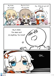 Rule 34 | 1other, 3koma, 6+girls, absurdres, aged down, ahoge, black jacket, blonde hair, blue eyes, breasts, comic, company connection, crying, elysia (herrscher of human:ego) (honkai impact), elysia (honkai impact), english text, facebook username, flower, furrowed brow, genshin impact, hair flower, hair ornament, happy, herta (honkai: star rail), highres, honkai: star rail, honkai (series), honkai impact 3rd, hu tao (genshin impact), jacket, kiana kaslana, kiana kaslana (white comet), kneeling, lumine (genshin impact), merchandise, mihoyo, multiple girls, official alternate costume, on floor, open mouth, playing, sad, sesield, shrugging, simple background, small breasts, smile, star (symbol), stelle (honkai: star rail), trailblazer (honkai: star rail), twitter username, white hair, yellow eyes