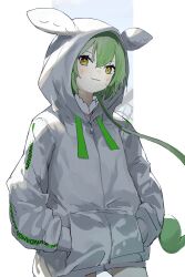 Rule 34 | 1girl, :3, commentary request, cowboy shot, green hair, hair between eyes, hands in pockets, highres, hood, hood up, hooded jacket, jacket, long sleeves, looking at viewer, orange eyes, pocche-ex, solo, two-tone eyes, voicevox, white jacket, zundamon