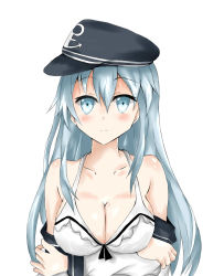 Rule 34 | 1girl, aged up, alternate breast size, anchor symbol, aqua eyes, aqua hair, blush, bra, breasts, cleavage, closed mouth, collarbone, commentary request, cowboy shot, flat cap, hat, hibiki (kancolle), highres, isshii13, kantai collection, large breasts, long hair, looking at viewer, school uniform, simple background, solo, underwear, upper body, white background