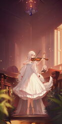 Rule 34 | 2girls, absurdres, arknights, blurry, breasts, character request, chinese commentary, closed mouth, commentary request, depth of field, dress, facing away, full body, hands up, high heels, highres, holding, holding instrument, holding violin, indoors, instrument, long hair, long sleeves, multiple girls, music, plant, playing instrument, red eyes, skadi (arknights), small breasts, standing, szh---, very long hair, violin, white dress, white footwear, white hair