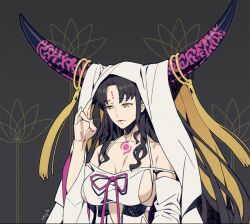 Rule 34 | 1girl, artist name, black hair, black horns, breasts, chest tattoo, cleavage, closed mouth, commentary, commission, detached sleeves, dress, facial mark, fate/extra, fate/extra ccc, fate/grand order, fate (series), forehead mark, grey background, hand up, horn ornament, horn ring, horns, large breasts, light smile, lips, long hair, long sleeves, looking afar, looking down, miya hellride, mudra, multicolored horns, parted bangs, pink horns, pink ribbon, ribbon, sessyoin kiara, sideboob, solo, tassel, tattoo, upper body, vitarka mudra, white dress, white veil, wide sleeves, yellow eyes