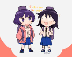 2girls :d :o black_eyes black_hair black_socks blue_footwear blue_skirt blunt_bangs blush breast_pocket chibi chibi_only collared_shirt commentary_request copyright_name dress_shirt eye_contact fujii_ayame full_body futsuu_no_keion-bu guitar_case hands_in_pockets hatono_chihiro highres holding_strap hood hooded_jacket instrument_case instrument_on_back jacket jitome l2awk looking_at_another medium_hair multicolored_hair multiple_girls neck_ribbon open_clothes open_jacket open_mouth pleated_skirt pocket purple_eyes purple_hair red_jacket red_ribbon ribbon romaji_text sandals shirt shirt_tucked_in short_hair short_sleeves side-by-side skirt smile socks sparkle sparkling_aura standing twitter_username two-tone_hair white_shirt white_socks wolf_cut