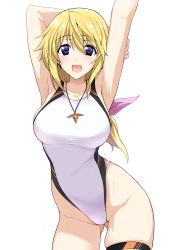 Rule 34 | 1girl, aged up, alternate breast size, arms up, blonde hair, blush, breasts, charlotte dunois, competition swimsuit, gluteal fold, halcon, highleg, highleg swimsuit, highres, infinite stratos, jewelry, long hair, looking at viewer, medium breasts, multicolored clothes, multicolored swimsuit, one-piece swimsuit, pendant, purple eyes, shiny skin, simple background, smile, solo, standing, swimsuit, two-tone swimsuit, white background, white one-piece swimsuit