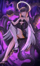 Rule 34 | 1girl, ao-chan (ninomae ina&#039;nis), black dress, breasts, cleavage, detached sleeves, dress, gloves, halo, highres, hololive, hololive english, long hair, looking at viewer, low wings, mole, mole under eye, ninomae ina&#039;nis, ninomae ina&#039;nis (1st costume), okobo, pointy ears, purple eyes, purple footwear, purple gloves, purple hair, sandals, single barefoot, single detached sleeve, single thighhigh, sitting on tentacle, skirt, small breasts, smile, solo, strapless, strapless dress, tentacle hair, tentacles, thighhighs, tube dress, varo 006, virtual youtuber, white sleeves, white thighhighs, wings, yellow skirt