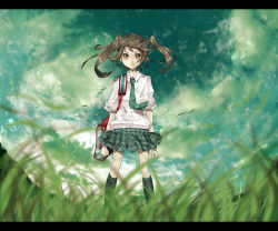 Rule 34 | 1girl, bag, brown eyes, brown hair, grass, highres, letterboxed, necktie, neota, plaid, plaid skirt, school uniform, skirt, solo, thighhighs, twintails