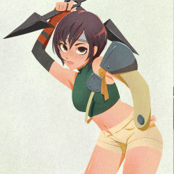 Rule 34 | 1girl, armor, bad id, bad pixiv id, bare shoulders, bent over, bmo art, brown eyes, brown gloves, brown hair, brown shorts, commentary, cowboy shot, crop top, curled fingers, elbow gloves, final fantasy, final fantasy vii, fingerless gloves, forehead protector, gloves, green sweater, grey gloves, hand on own hip, headband, holding, holding weapon, huge weapon, leaning forward, looking at viewer, midriff, navel, openvl, parted lips, pauldrons, short hair, short shorts, shorts, shoulder armor, shuriken, single pauldron, sleeveless, sleeveless sweater, sleeveless turtleneck, solo, square enix, sweater, texture, turtleneck, turtleneck sweater, upturned eyes, weapon, white background, yuffie kisaragi