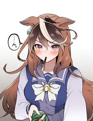 Rule 34 | 1girl, animal ears, blue shirt, blue skirt, blush, bow, breasts, brown hair, commentary request, diagonal-striped clothes, diagonal-striped necktie, food, food in mouth, gradient background, green necktie, grey background, hair between eyes, highres, horse ears, long hair, long sleeves, looking at viewer, medium breasts, mouth hold, multicolored hair, narusawa (njzc2582), necktie, necktie grab, neckwear grab, pleated skirt, pocky, purple eyes, school uniform, shirt, skirt, solo, streaked hair, striped clothes, symboli rudolf (umamusume), tracen school uniform, two-tone hair, umamusume, very long hair, white background, white bow, white hair