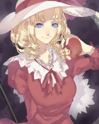 Rule 34 | 1girl, apple, arms behind back, blonde hair, blue eyes, dress, elly (touhou), food, food bite, freckles, fruit, hat, highres, long hair, looking at viewer, red dress, scythe, short hair, smile, solo, tian (my dear), touhou, touhou (pc-98)