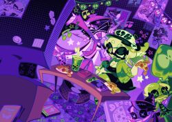 Rule 34 | 2girls, arm up, beamed eighth notes, breasts, bubble tea, callie (splatoon), cleavage, closed eyes, food, green eyes, halftone, highres, holding, holding food, holding microphone, holding pizza, indoors, limited palette, marie (splatoon), microphone, multiple girls, musical note, nintendo, one eye closed, open mouth, pizza, pizza slice, plate, smile, splatoon (series), star (symbol), table, wide shot, zeno (starrysharks)