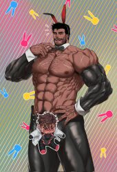 Rule 34 | &gt; &lt;, 2boys, abs, animal ears, armpit hair, armpit hair peek, bara, censored, character censor, chest hair, chibi, chibi inset, crotchless, dobek k, facial hair, feet out of frame, flying sweatdrops, frontless outfit, hairy, hand hair, highres, huge pectorals, knuckle hair, latex, latex legwear, looking at viewer, male focus, male playboy bunny, mature male, meme attire, multiple boys, muscular, muscular male, navel, navel hair, nipples, notice lines, novelty censor, original, rabbit background, rabbit ears, reverse bunnysuit, reverse outfit, sanpaku, short hair, shrug (clothing), shy, sideburns, solo focus, stomach, strongman waist, stubble, thick eyebrows, thick thighs, thighs, topless male, wrist cuffs, yaoi