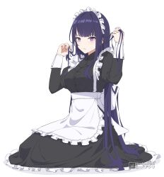 Rule 34 | 1girl, absurdres, alternate costume, alternate hairstyle, apron, asiri senpai, black hair, blunt bangs, commentary, english commentary, enmaided, genshin impact, hair down, highres, long hair, long skirt, long sleeves, looking at viewer, maid, maid apron, maid headdress, mole, mole under eye, playing with own hair, purple eyes, raiden shogun, sidelocks, simple background, sitting, skirt, solo, victorian, waist apron, wariza, white background