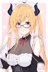 Rule 34 | 1girl, absurdres, alternate costume, blonde hair, blue eyes, blush, breasts, cleavage, commentary request, demon girl, demon horns, detached sleeves, enmaided, glasses, highres, hololive, horns, joker oowo, large breasts, long hair, looking at viewer, maid, pointy ears, see-through, see-through cleavage, solo, virtual youtuber, yuzuki choco, yuzuki choco (maid)