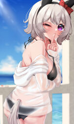 Rule 34 | 1girl, alternate costume, animal ears, ass, bare shoulders, bikini, black bikini, black hairband, blue sky, blurry, blurry background, bow, breasts, clothing cutout, commentary request, curren chan (umamusume), ear covers, finger to mouth, grey hair, hairband, highres, hood, hood down, hoodie, horse ears, horse girl, horse tail, long sleeves, looking at viewer, medium breasts, ocean, one eye closed, purple eyes, railing, red bow, short hair, sky, solo, swimsuit, tabunshake, tail, tail through clothes, umamusume, water, white hoodie