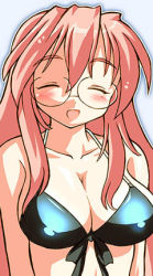 Rule 34 | 00s, 1girl, bikini, blush, breasts, closed eyes, glasses, gomamiso (gomamiso sp), large breasts, long hair, lowres, lucky star, pink hair, solo, swimsuit, takara miyuki