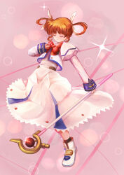 Rule 34 | 1girl, absurdres, black socks, bow, brown hair, closed eyes, dress, full body, hair ribbon, hand on own chest, highres, holding, holding weapon, juliet sleeves, long sleeves, lyrical nanoha, magical girl, mahou shoujo lyrical nanoha, pink background, poteiton, puffy sleeves, raising heart, raising heart (device mode), red bow, ribbon, skirt, socks, solo, sparkle, takamachi nanoha, takamachi nanoha (original mode), twintails, weapon, white dress, white footwear, white ribbon