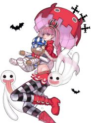 Rule 34 | 1girl, bat (animal), boots, capelet, crown, ghost, kumacy, lipstick, long hair, makeup, midriff, miniskirt, navel, one piece, pantyhose, perona, pink hair, piyo 30, red capelet, red footwear, red lips, simple background, skirt, smile, solo, striped clothes, striped legwear, striped pantyhose, stuffed animal, stuffed toy, twintails, umbrella, white background