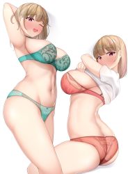 Rule 34 | 1girl, absurdres, arm up, armpits, ass, back, blonde hair, blunt bangs, blush, bra, breasts, butt crack, closed mouth, green bra, green panties, highres, large breasts, lomocya, looking at viewer, medium hair, multiple views, navel, open mouth, original, panties, red bra, red eyes, red panties, shirt, sidelocks, simple background, smile, standing, thighs, underwear, undressing, white background, white shirt
