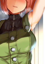 Rule 34 | 1girl, arm up, armpits, bare shoulders, belko, blush, braid, breasts, buttons, crown braid, daiba canon, dress, god eater, god eater 2: rage burst, green dress, highres, large breasts, open mouth, out of frame, parted lips, pink hair, short hair, solo, turtleneck, zipper, zipper pull tab
